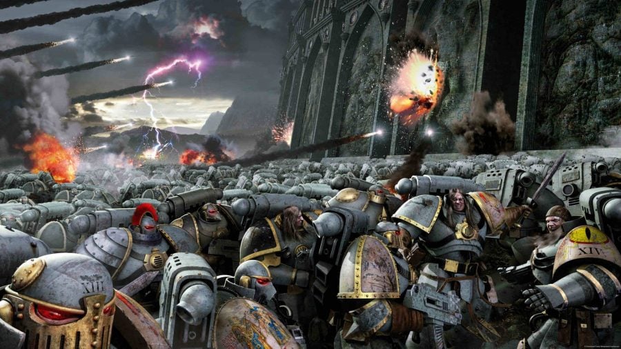 Warhammer 40k books: grey armoured space marines fighting