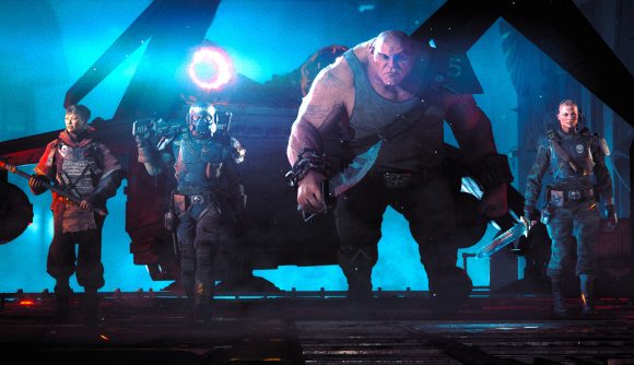 Warhammer 40k Darktide character creator reveal - Fatshark official screenshot showing the four playable classes - Ogryn, Veteran, Psyker, and Zealot