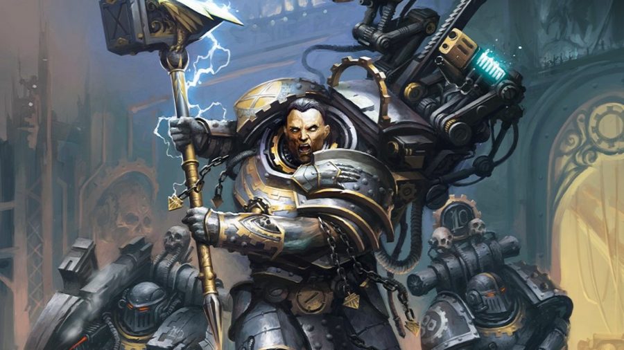 Warhammer 40k Ferrus Manus - artwork of Ferrus Manus wielding his hammer with two Iron Fists