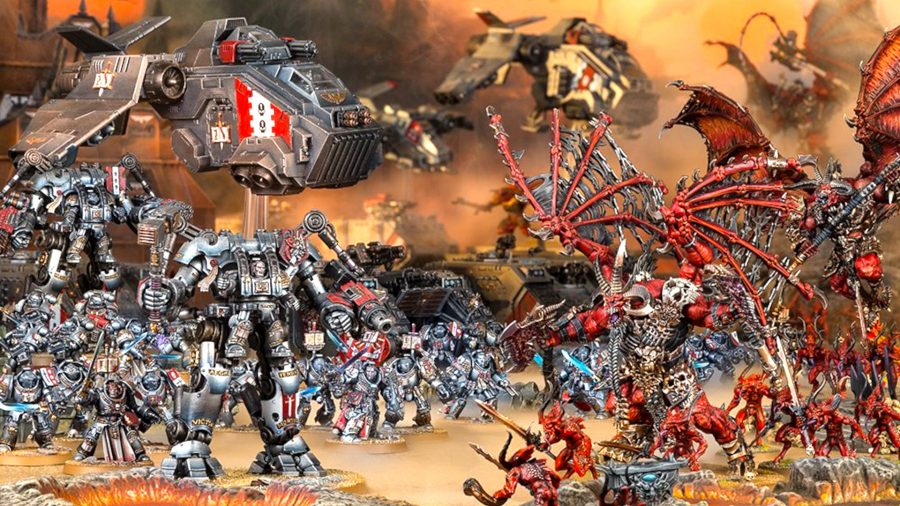 Warhammer 40k Grey Knights guide - Warhammer Community photo showing a large army of Grey Knights models facing Khorne Daemons