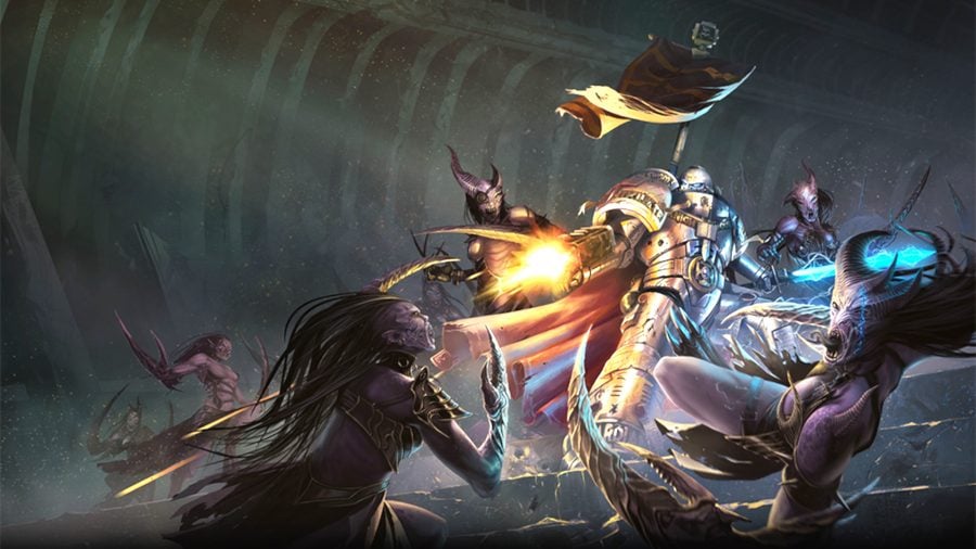 Warhammer 40k Grey Knights guide - Warhammer Community artwork showing Castellan Crowe battling Daemonettes of Slaanesh