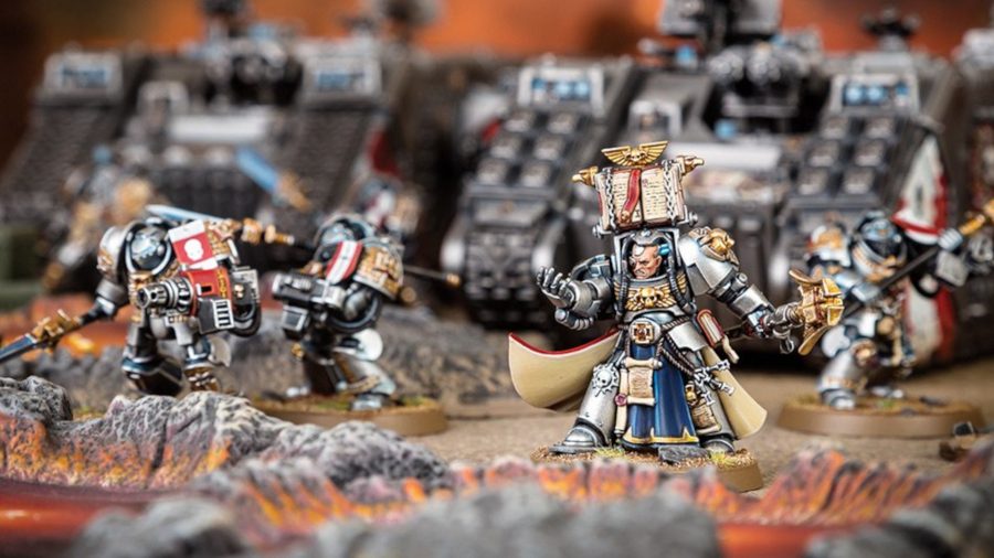 Warhammer 40k Grey Knights guide - Warhammer Community photo showing a Grey knights librarian and land raider tanks