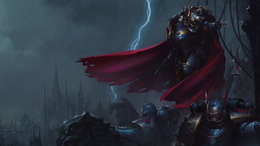 Warhammer 40k Konrad Curze guide - Warhammer Commuity artwork showing Konrad Curze standing proud against a stormlit night sky, surrounded by Night Lords space marines