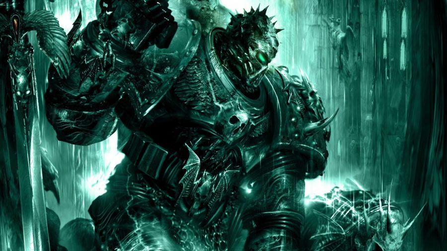 Warhammer 40k Konrad Curze guide - Warhammer Commuity artwork showing a Night Lords chaos space marine kneeling in the rain