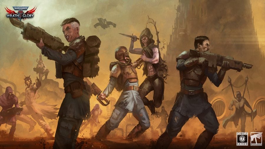 Tabletop RPG dice systems better than DnD 5E - official Cubicle7 artwork from Warhammer 40k Wrath and Glory RPG showing Imperial Guard conscripts with lasguns