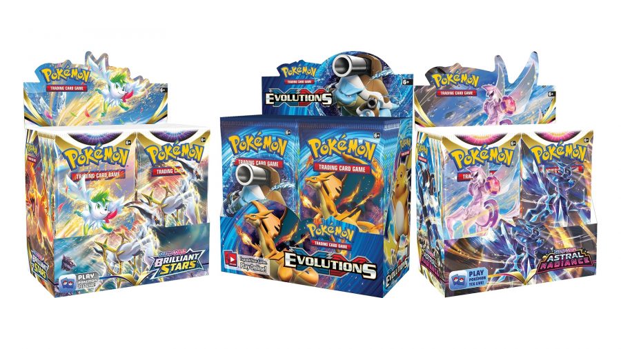 Best Pokémon Booster Boxes - an image shows three booster boxes, one from the Brilliant Stars exapansion, one from the XY Evolution expansion, and one from the Astral Radiance expansion.