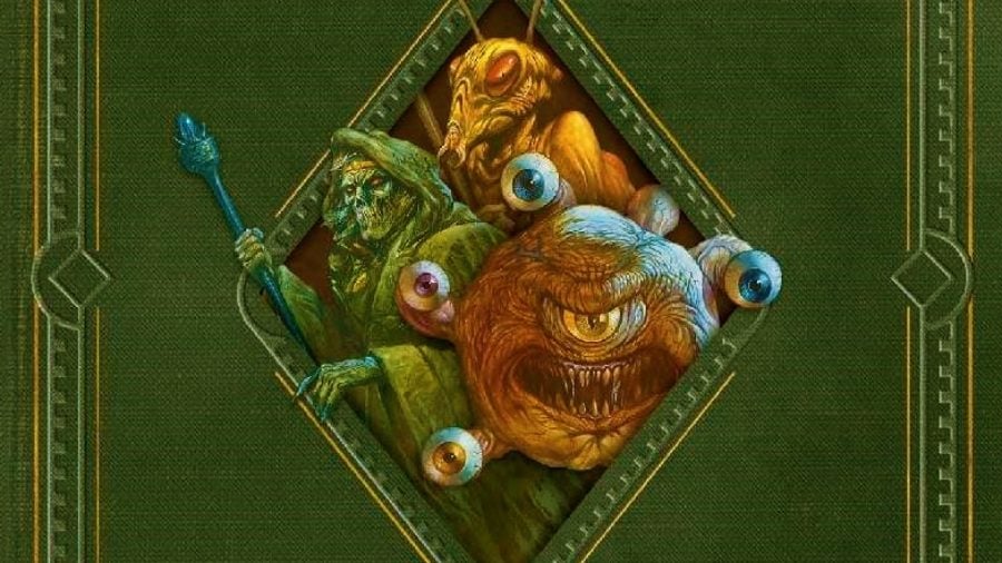 DnD Beholder 5e - the front cover of AD&D 2e Monstrous Manual, showing a Beholder, a lich, and an insect creatuere in a diamond on a green cover