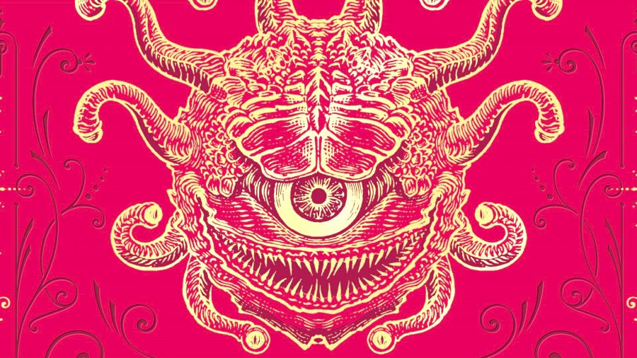 DnD Beholder 5e - a front-facing Beholder monster, outlined in white and on a pink background