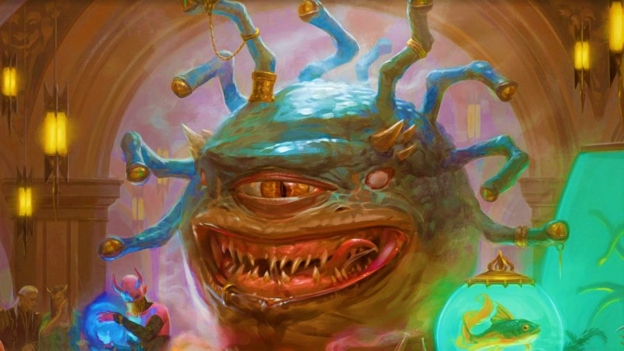 DnD Beholder 5e - a green/blue Beholder, a giant floating head with one eye and multiple eye stalks