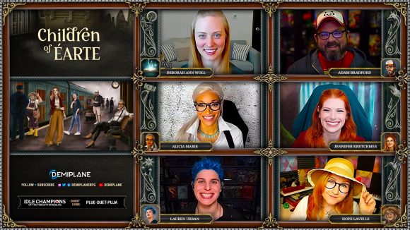 DnD Children of Earte - the six Children of Earte cast members smile at their cameras during a Twitch stream