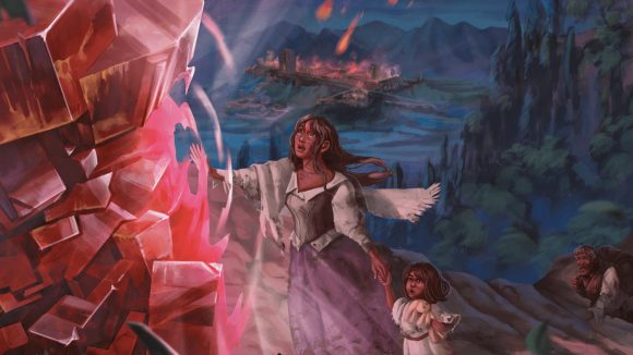 DnD Journeys through the radiant citadel free chapter - a woman and child running to touch a pillar of red gemstones as meteors rain down in the background