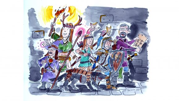 DnD Monster Manual Kids - a water colour drawing of a D&D party, consisting of family members