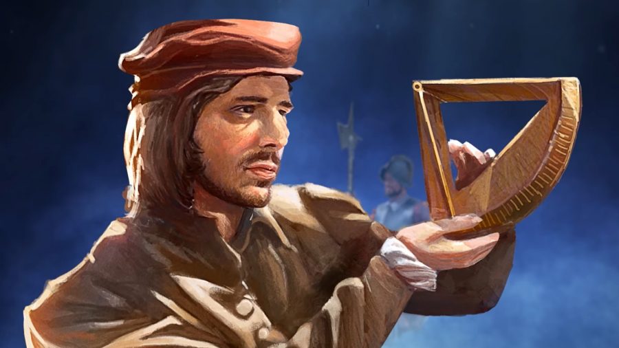 Europa Universalis 4 DLC a man with a flat cap holding a wooden mathematical device.
