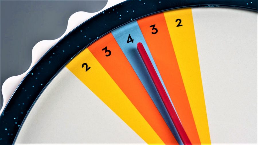 Funny board games - a closeup of the Wavelength dial, with the pointer on the number four