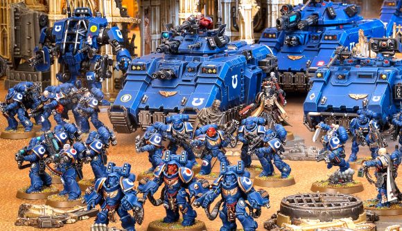 Games Workshop profits 2022 share bonus - Warhammer Community photo showing an army of Ultramarines space marines models