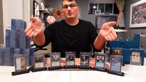 Magic the Gathering Commander deck giant: YouTuber Sam Huggins displaying his gigantic Commander deck.