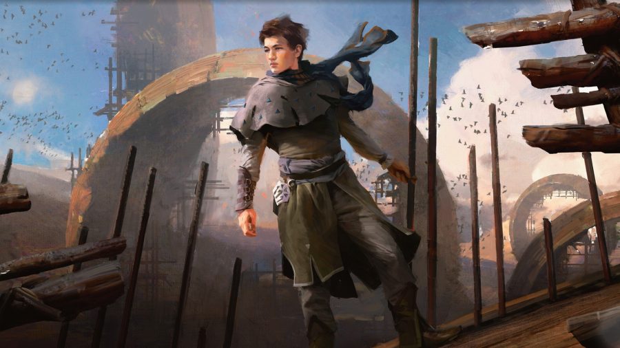 Magic The Gathering Jace Beleren: a young man standing on a rusted metal structure. 