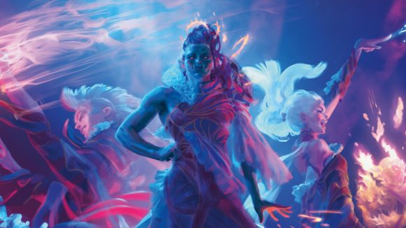 MTG standard an orc striking a pose surrounded by dancers and colourful magic