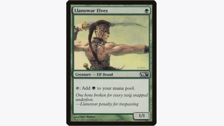 MTG Elves - Llanowar Elves card, a trading card showing a shirtless elven warrior with a dark ponytail and a sword