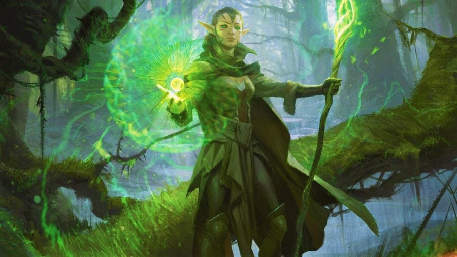 MTG elves - Nissa, Sage Animist card art showing Nissa, an elf dressed in green, holding a staff and wielding a ball of green magic