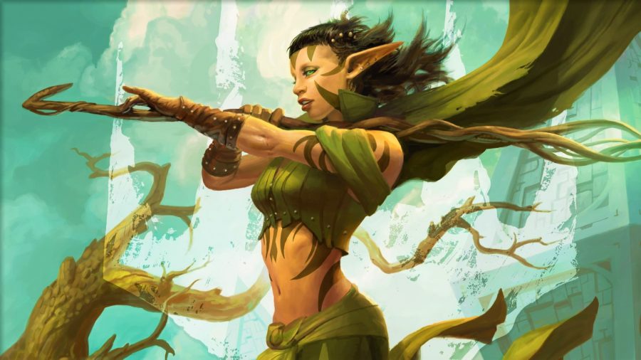 MTG Elves - Nissa, Worldwaker art, depicting Nissa, an elf with dark hair in a green crop top and cape, pointing to the left
