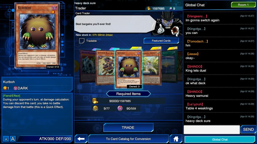 Play Yugioh online - master duel or duel links - Konami screenshot from Duel links showing the Trader screen