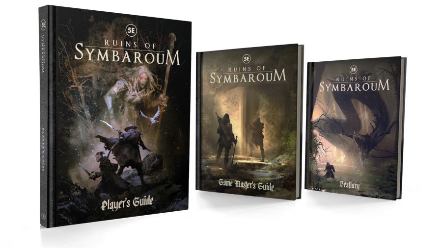 Ruins of Symbaroum 5e review - the three core Ruins of Symbaroum 5e books: The Player's Guide, the Gamemaster's Guide, and the Bestiary