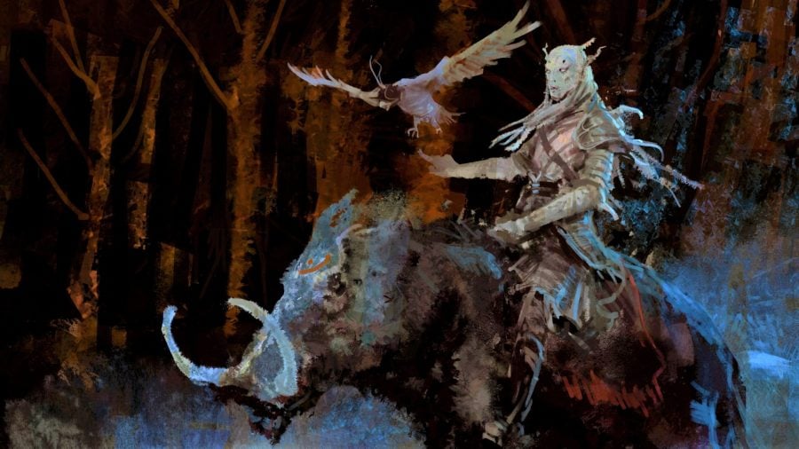 Ruins of Symbaroum 5e review - art of an elf in a forest, riding a giant boar with a hawk taking flight from their arm