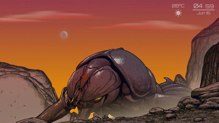 Starship Troopers Terran Command - a giant brown bug in a desert with an orange sunset.