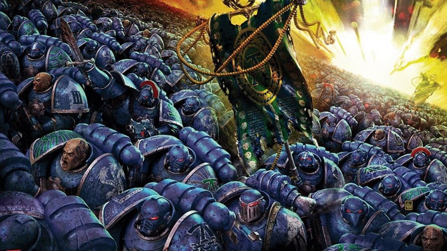 Warhammer 40k Alpharius Omegon guide - Warhammer Community artwork showing a huge army of Alpha Legion space marines during the Horus Heresy