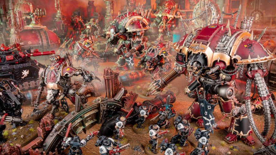 Warhammer 40k Chaos Knights guide - Warhammer Community photo showing Chaos Knights models fighting Black Templars