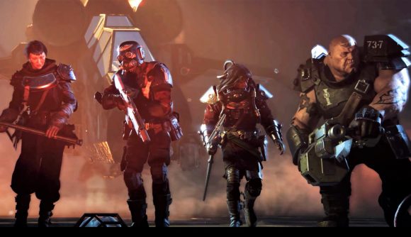 Warhammer 40k darktide gameplay trailer- four varied hero characters walking towards the camera.