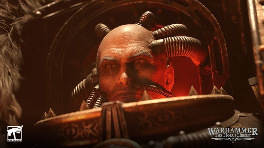 Warhammer 40k Horus Lupercal, a bald man in power armour with tubes inserted into his head and right nostril