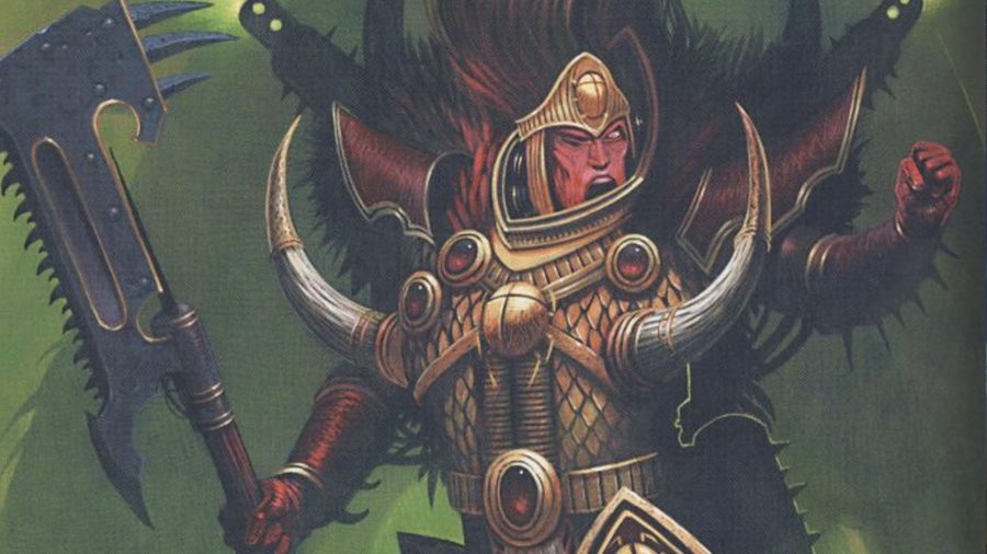 Warhammer 40k Magnus the Red guide - Games Workshop artwork showing Magnus the Red, the Crimson King, during the Horus Heresy, with an axe.