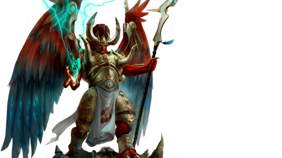 Warhammer 40k Magnus the Red guide - Games Workshop artwork showing Magnus the Red, daemon primarch, with warp lightning