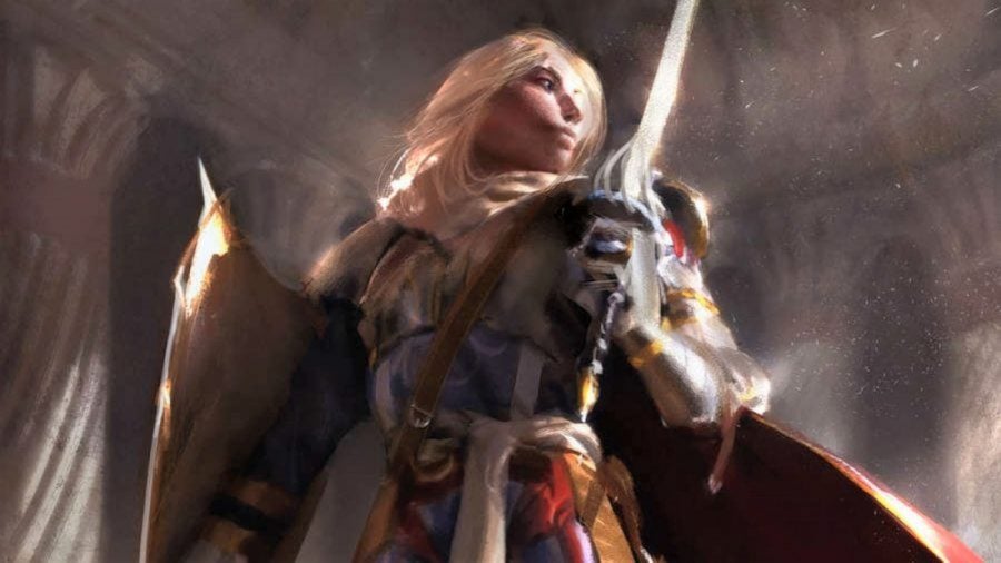 A blonde, white knight in silver armour, holding a sword and DnD shield 5e