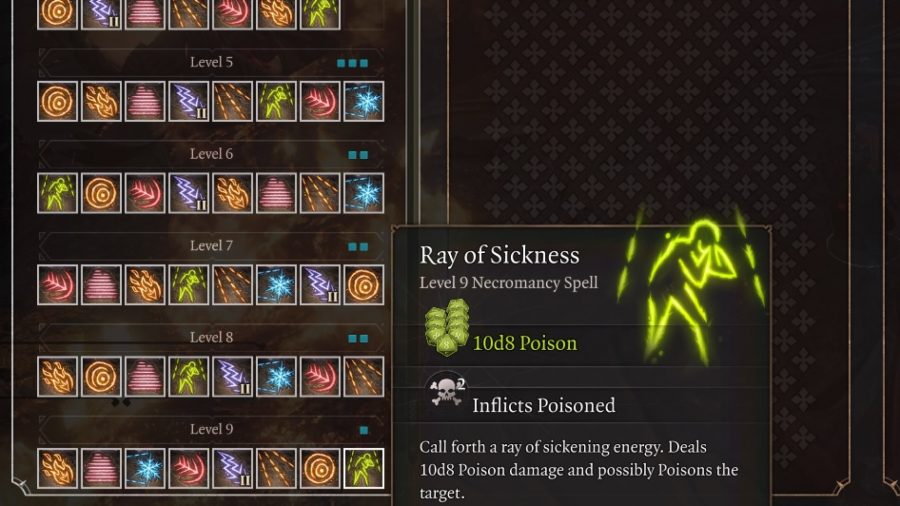 baldurs gate 3 mods - a spell list going up to Level 9 with the spell Ray of Sickness.