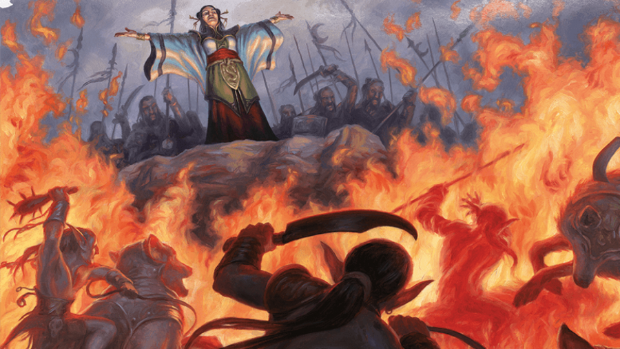 DnD Dispel Magic 5e - a spellcaster in robes stands with their arms stretched out above an army of goblins engulfed in flames