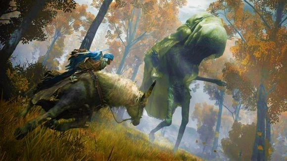 Image from videogame Elden Ring of a warrior atop a horse riding towards a large monster walking on two legs with a large piece of fabric draped over its face and back