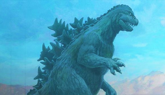 DnD homebrew godzilla - an illustration of Godzilla, a dinosaur-like monster, seen from the side
