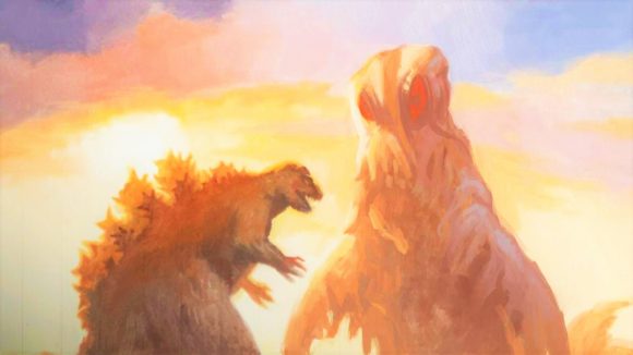 DnD homebrew Godzilla - Godzilla, a dinosaur-like Kaiju, stands ready to fight a large ooze-like monster