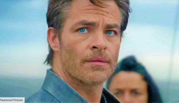 DnD Honour Among Thieves trailer shot of Chris Pine, a white man with blue eyes and light stubble