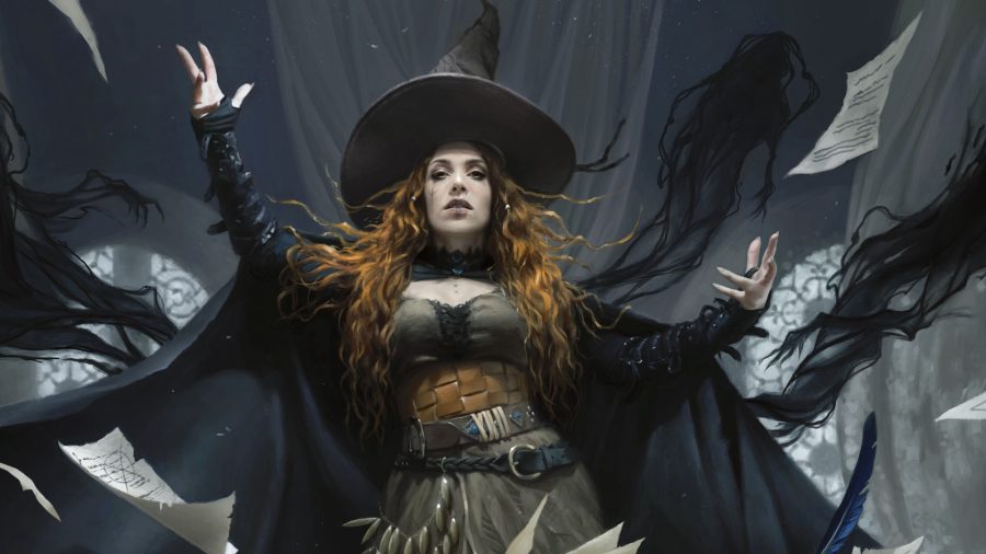 DnD Invisibility 5e - red-headed witch Tasha raises her arms to cast a spell from an open spellbook
