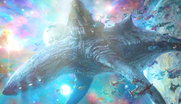 DnD spelljammer 5e - a space whale with a house attached to it.