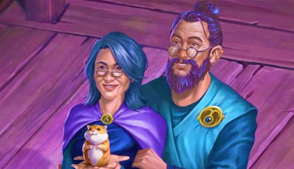 DnD Spelljammer - an old man holds an old woman, who cups a golden hamster in her hands