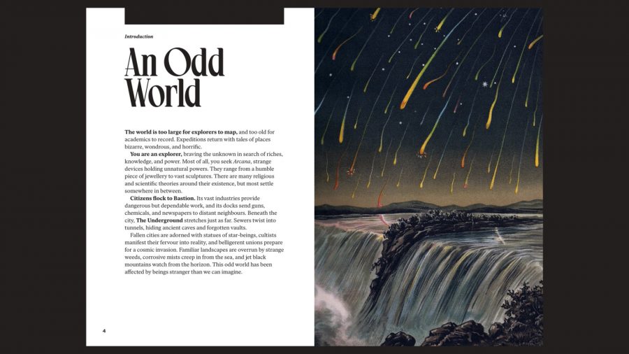 Into the Odd Remastered RPG page spread, showing the heading 'an odd world', some text describing the game's setting, and an illustration of a meteor shower over a waterfall