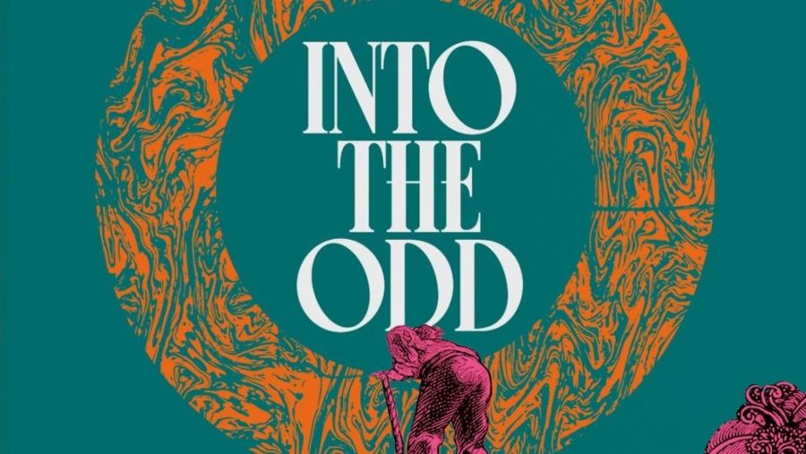 Into the Odd logo, surrounded by a circle of marbled pattern, and a small pink man climbing inside the circle