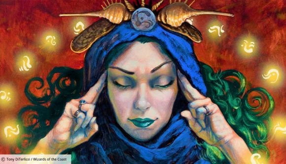 Magic The Gathering card art for Brainstorm, showing a woman in a blue headscarf with curly black hair closing her eyes, smiling, and touching her fingers to her temples