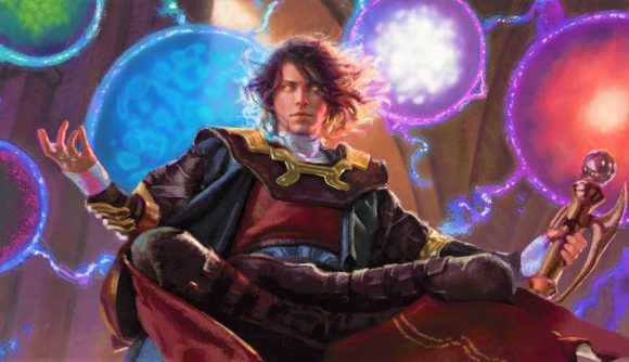 Magic the Gathering Dominaria United Commander Legendary - artwork of Jodah, Archmage Eternal, floating surrounded by coloured spheres of magic.