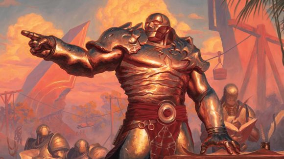 Magic the Gathering Dominaria United Commander Legendary - the silver golem planeswalker karn pointing.